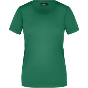 A green short-sleeved ladies T-shirt with a round neck and a logo on the label.