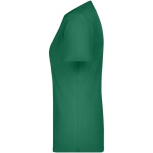 A green ladies' basic T-shirt featuring a classic cut and a simple design with a logo.