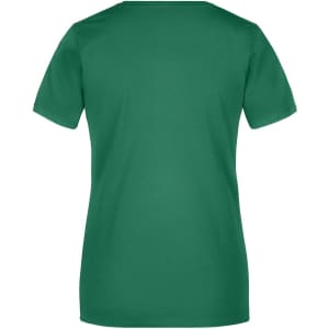 A green ladies' T-shirt with short sleeves and a plain back. It features a branding logo.
