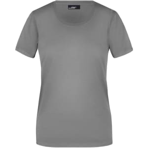 A grey short-sleeved women's T-shirt with a round neckline and a logo on the label.