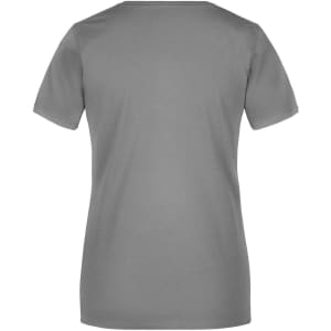 A grey ladies' T-shirt with short sleeves, featuring a branded logo on the back.