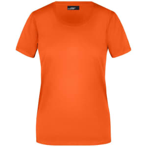 An orange women's basic T-shirt with short sleeves and a round neckline. It features a logo on the label.