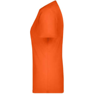 An orange Ladies Basic-T shirt in a side view. The shirt has short sleeves and a fitted design.