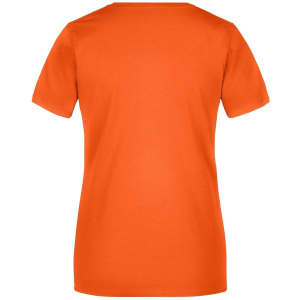 An orange ladies' t-shirt with short sleeves, featuring a simple design and a logo on the back.