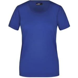 A blue Ladies Basic-T shirt with a round neckline and short sleeves, featuring a logo on the label.