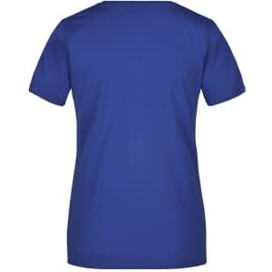 A blue T-shirt featuring a crew neck and short sleeves, with a logo on the back.