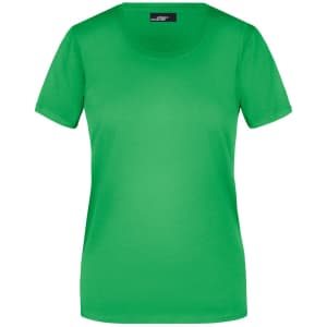 A green short-sleeved ladies T-shirt with a round neckline and a logo on the label.