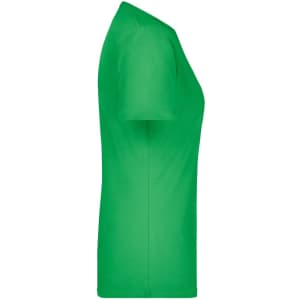 A green t-shirt with a fitted shape, featuring short sleeves and a logo on the side.