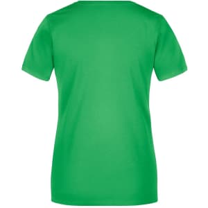 A green ladies' t-shirt featuring a round neck and short sleeves, with a logo on the back.