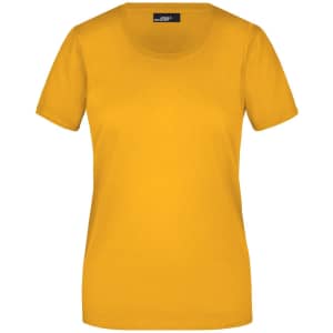 A yellow ladies' basic T-shirt with a round neckline and short sleeves. The shirt features a logo.