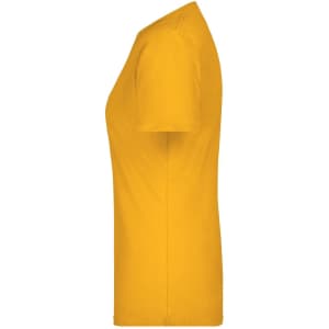 A yellow ladies' T-shirt with short sleeves and a fitted side profile. It features a logo on the design.