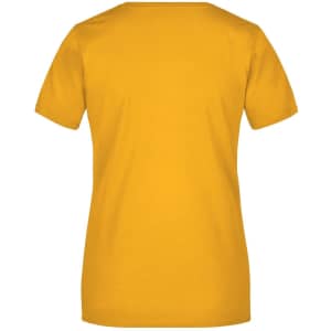 A yellow ladies T-shirt with short sleeves and a rounded neckline, featuring a logo on the back.