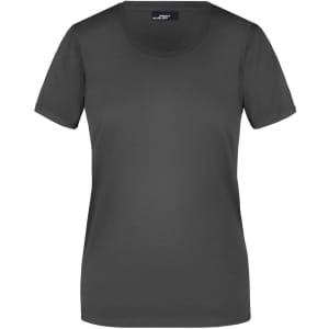 A grey women's T-shirt with short sleeves and a round neckline, featuring a small logo on the label.