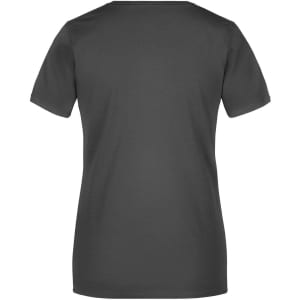 A grey basic women's T-shirt with short sleeves and a plain back view. Features a logo.