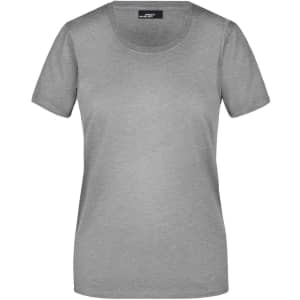 A grey ladies T-shirt with short sleeves and a round neckline. Features a subtle logo on the label.