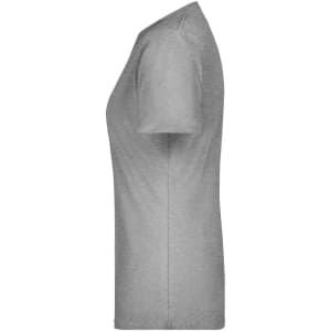 A grey ladies T-shirt featuring short sleeves and a slim-fit design, with a logo on the fabric.