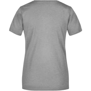 A grey women's t-shirt with short sleeves and a round neckline, featuring a logo on the back.
