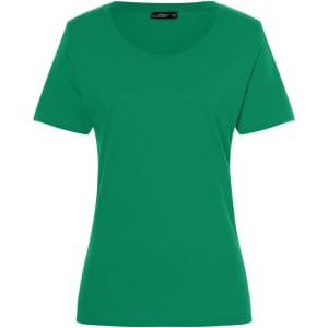 A green short-sleeved ladies T-shirt with a round neckline and a tag inside. It has a logo on the label.