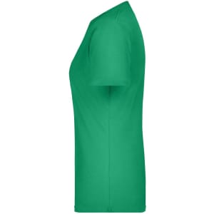 A green women's T-shirt displayed from the side, featuring a fitted silhouette and a simple design.