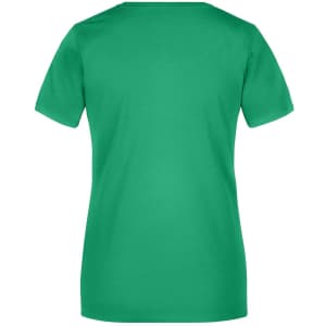 A green ladies T-shirt with short sleeves and a classic crew neck design. It features a logo on the back.