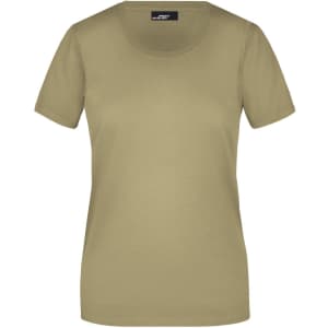 A khaki women's T-shirt with a round neckline and short sleeves, featuring a logo on the label.