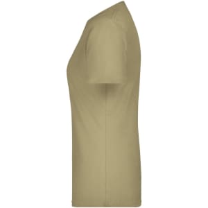 A light khaki women's T-shirt with short sleeves and a fitted design, featuring a logo on the side.