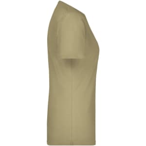 A beige women's t-shirt with short sleeves and a fitted silhouette, featuring a logo.
