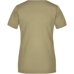 A ladies basic T-shirt in a khaki colour, featuring a simple back design and short sleeves.