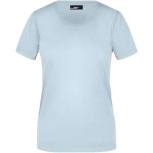 A light blue women's T-shirt with short sleeves and a round neckline, featuring a logo on the label.