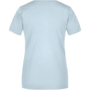A light blue short-sleeved T-shirt with a plain back and a logo at the neckline.