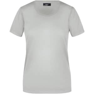 A light grey basic T-shirt with a scoop neckline and short sleeves, featuring a logo on the tag.