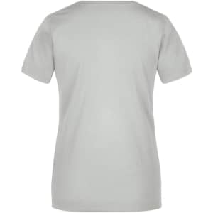 A grey short-sleeved women's T-shirt featuring a simple design and a logo on the back.