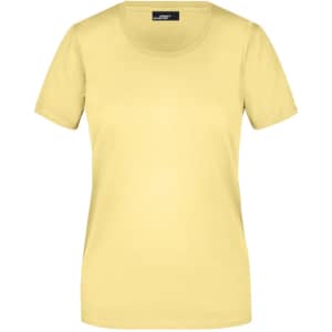 A yellow short-sleeved women's t-shirt with a round neck and a logo on the label.