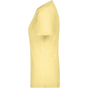 A yellow basic women's T-shirt with a simple design and short sleeves. It features a logo on the label.