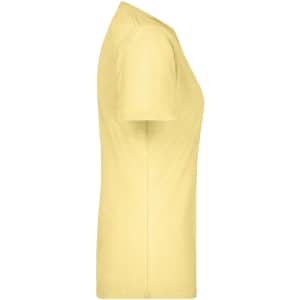 A yellow T-shirt with short sleeves, featuring a basic design and a logo.