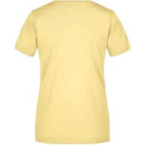 A yellow basic T-shirt with a standard cut and short sleeves, featuring a logo on the back.