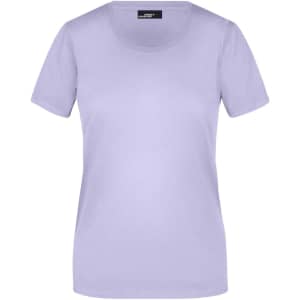 A lilac basic T-shirt with short sleeves, featuring a scoop neckline and a small logo.