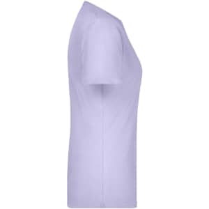 A light lavender ladies t-shirt displayed from the side, featuring a fitted design and short sleeves.
