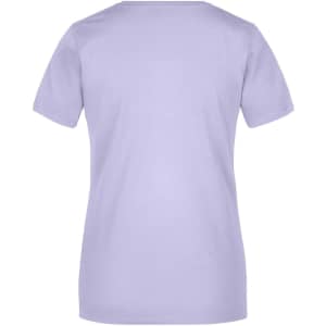 A lilac basic T-shirt with a crew neckline and short sleeves, featuring a logo on the back.