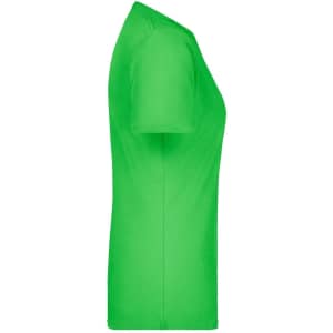 A bright green women's t-shirt displayed from a side angle, featuring a basic design and fitted shape.