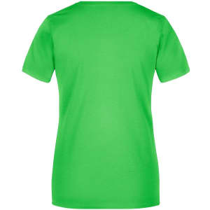 A bright green women's T-shirt with short sleeves and a round neckline, featuring a branding logo.