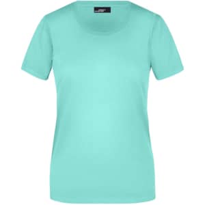 A mint green women's T-shirt with a classic crew neckline and short sleeves. It features a branding tag at the neck.