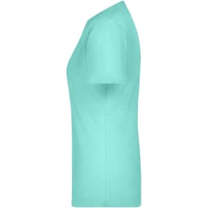 A side view of a mint green Ladies Basic-T shirt featuring a crew neck and short sleeves. The shirt has a logo.