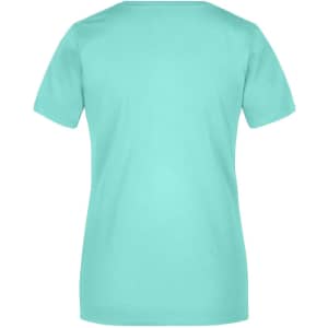 A mint green ladies T-shirt with short sleeves and a round neckline. Includes a logo on the back.