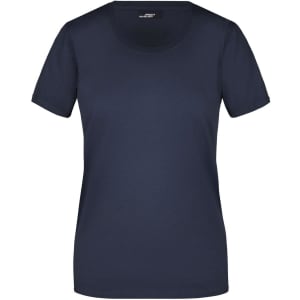 A navy blue women's t-shirt with short sleeves and a round neckline. It features a logo on the label.