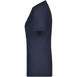 A navy blue women's basic T-shirt with a fitted side profile, featuring short sleeves and a simple design.
