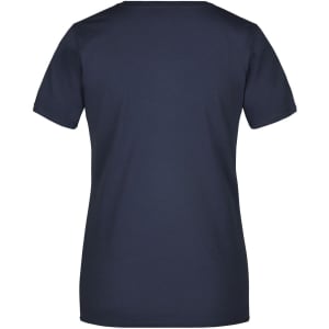 A navy blue ladies' T-shirt with a classic round neck and short sleeves. It features a logo on the back.