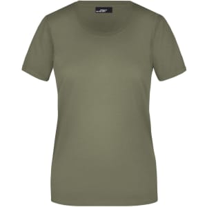 A green ladies T-shirt with a round neckline and short sleeves, featuring a logo on the label.