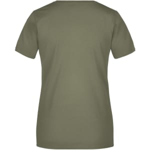 A plain olive green women's T-shirt with short sleeves and a logo on the back.