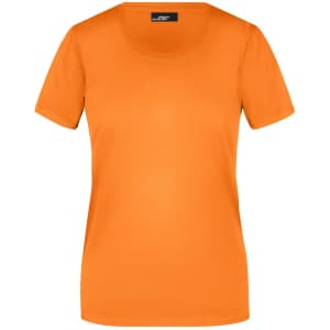 An orange short-sleeved women's T-shirt with a round neckline and a logo on the label.